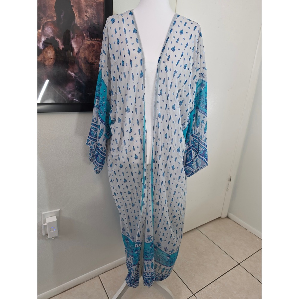 Shermie Boho Sheer Kimono Cardigan Cover‎ Up Blue White Floral One Size NWT